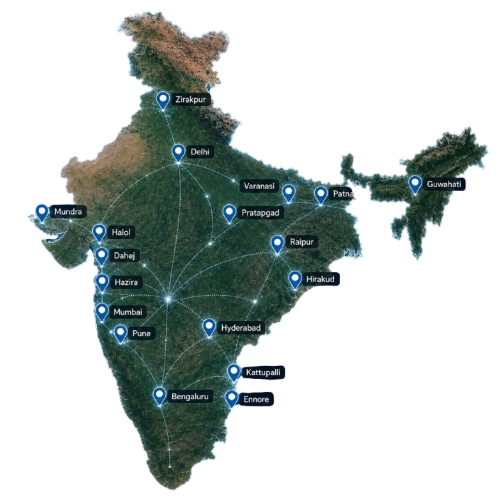 Qucev India service network map with city locations and route connections including Prathapgadh